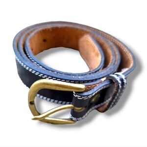 Black Leather Belt with White Top Stitching and Brass Buckle